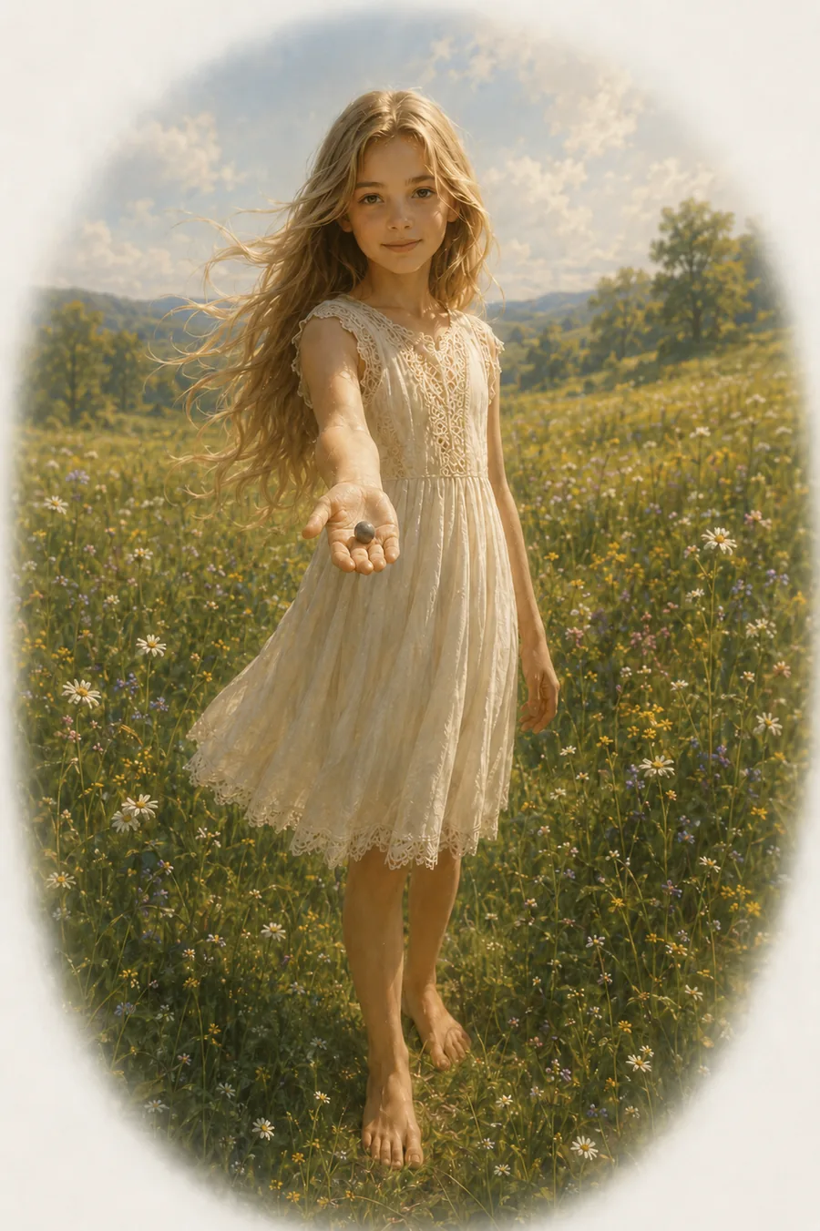Annona standing in a field of flowers and holding out the orb