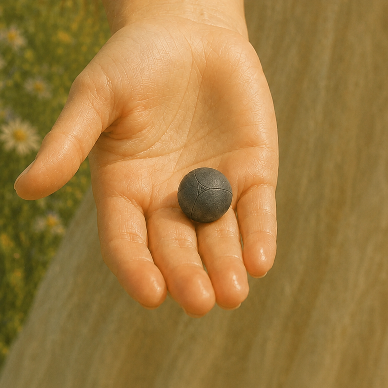 Closer view of Annona's hand holding the etched orb