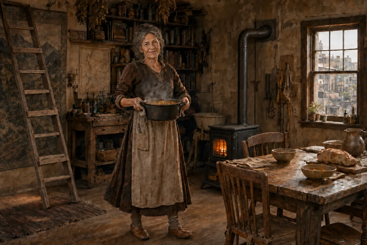 Auntie Sara holding a cooking pot inside her Old City apartment